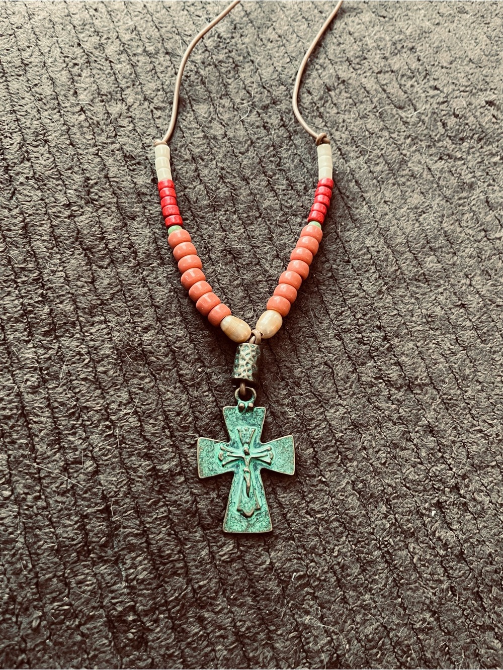 Beaded Coral and Turquoise Patina Cross Pendant Necklace - Prarly Panoply